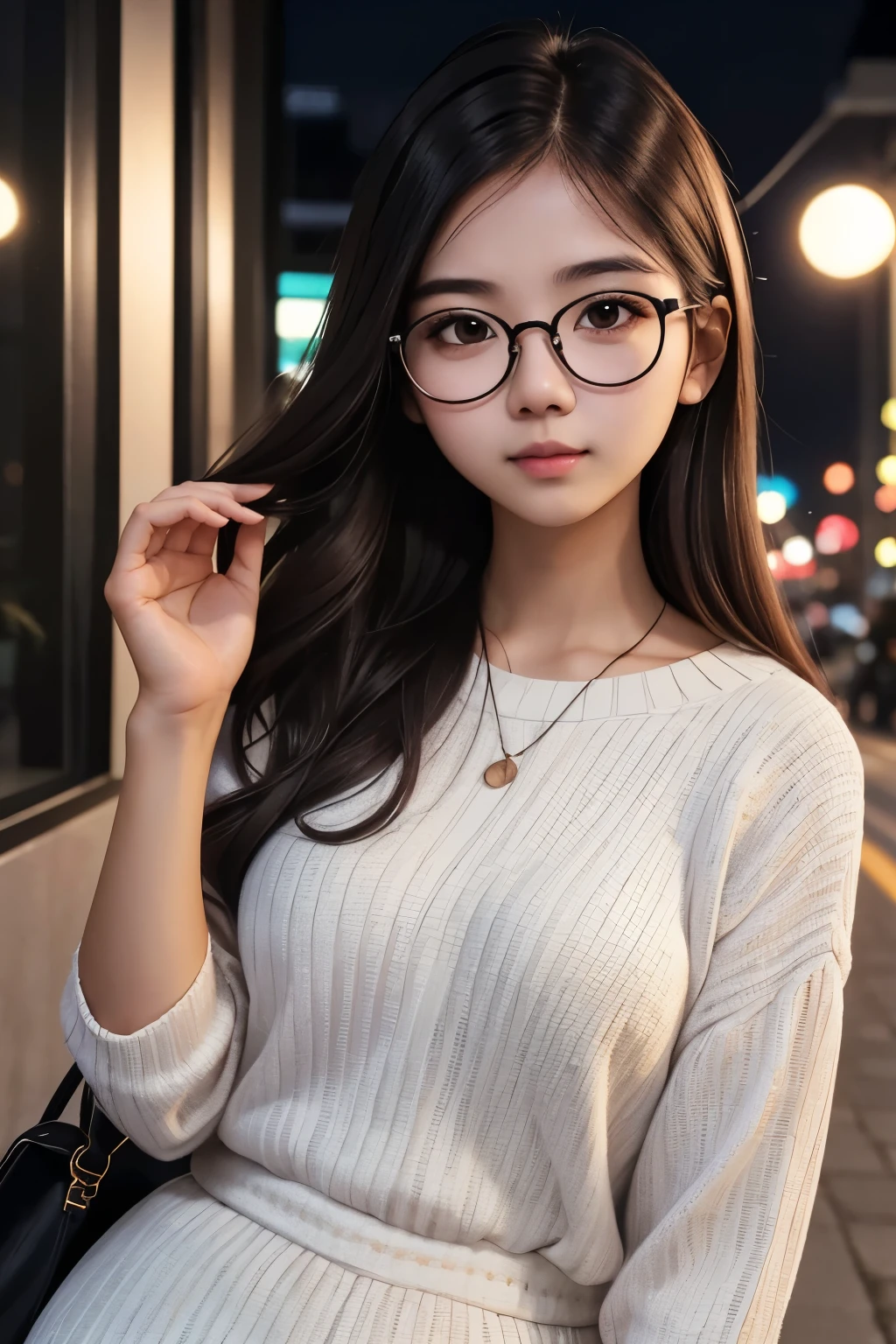 detailed face of photo. 20 year old white skin slim body Indonesian girl with a sweet  face,   round face chubby face and long brown wavy hair, round glasses wearing   modern  style outfit  in skyview  at night