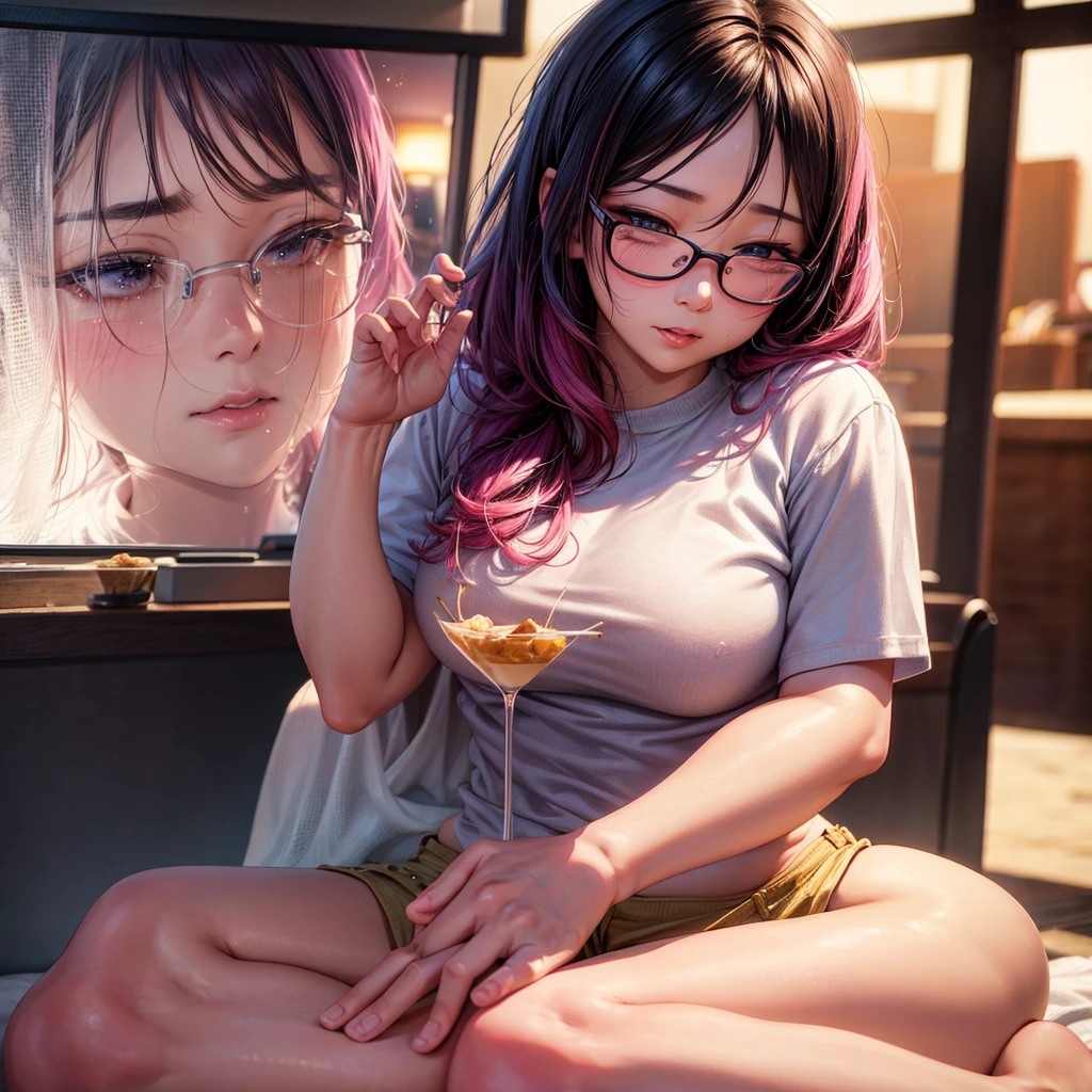 a plump asian girl with pink hair,glasses,yellow shirt and shorts,eating a parfait,detailed facial features,beautiful detailed eyes,beautiful detailed lips,extremely detailed skin texture,cute expression,(best quality,4k,8k,highres,masterpiece:1.2),ultra-detailed,(realistic,photorealistic,photo-realistic:1.37),studio lighting,vibrant colors,warm lighting,soft focus,portrait