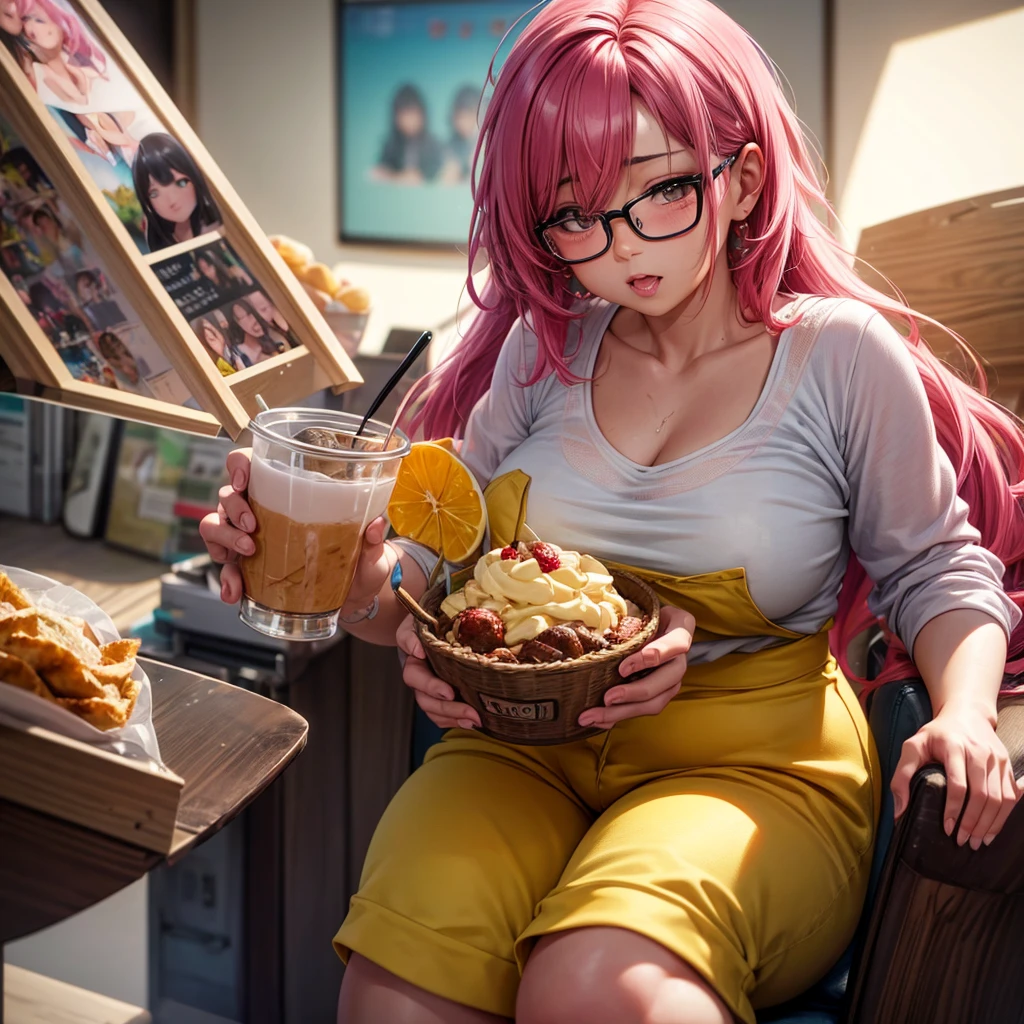 a plump asian girl with pink hair,glasses,yellow shirt and shorts,eating a parfait,detailed facial features,beautiful detailed eyes,beautiful detailed lips,extremely detailed skin texture,cute expression,(best quality,4k,8k,highres,masterpiece:1.2),ultra-detailed,(realistic,photorealistic,photo-realistic:1.37),studio lighting,vibrant colors,warm lighting,soft focus,portrait