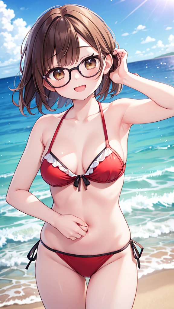 Comical pose、Get excited、fine、fun、smile、mischief、Expectations、surprise、Shyness、Sandy Beach、Midsummer、sun、Ocean、blue sky、Daytime、pretty girl , Shooting from below, One Girl, Brown Hair、Very short hairstyle, Brown eyes、Red frame glasses、White Bikini,Highest quality, 4K, 8k, High resolution, masterpiece:1.2, Very detailed, Realistic, photoRealistic, photo-Realistic:1.37, High resolution, 超High resolution, Studio Lighting, Ultra-fine painting, Sharp focus, Physically Based Rendering, Very detailed説明, Professional, Vibrant colors, Bokeh