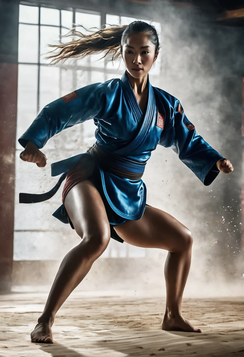 8k, best quality, highres, realistic, real person, A female martial artist in a fighting tournament, captured in a dynamic pose as she performs a spectacular back spinning kick, soaring through the air. The scene emphasizes her agility and the fluidity of her movement, showcasing the elegance and power of her martial arts skills in a high-energy moment.