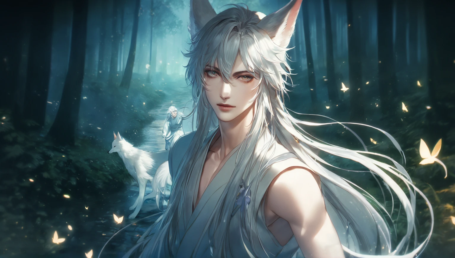 (masterpiece, 8k, Absurd, Digital Art, Digital Illustration, Realistic, Very detailed, Realistic lighting), (Perfect Face, Perfect Eyes, Perfect body), male,1 person, Adult,male的な,anime boy, of long white hair and horns in a forest, 白毛のFox, White Fox Anime, Ye Chong Silver Fox, Jan J, 吸血鬼の白いFox, Fox, White-haired God, by Shimo, Inspired by Bian Shoumin, of long white hair, Beautiful fantasy anime, Anime Art Wallpapers 8K