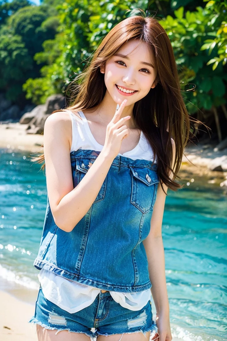 Top quality, one beautiful woman, summer fashion, at beach, attractive pose, denim shorts, 35mm lens, f/1, long hair, brown hair, smile
