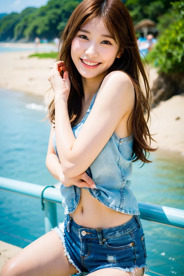 Top quality, one beautiful woman, summer fashion, at beach, attractive pose, denim shorts, 35mm lens, f/1, long hair, brown hair, smile