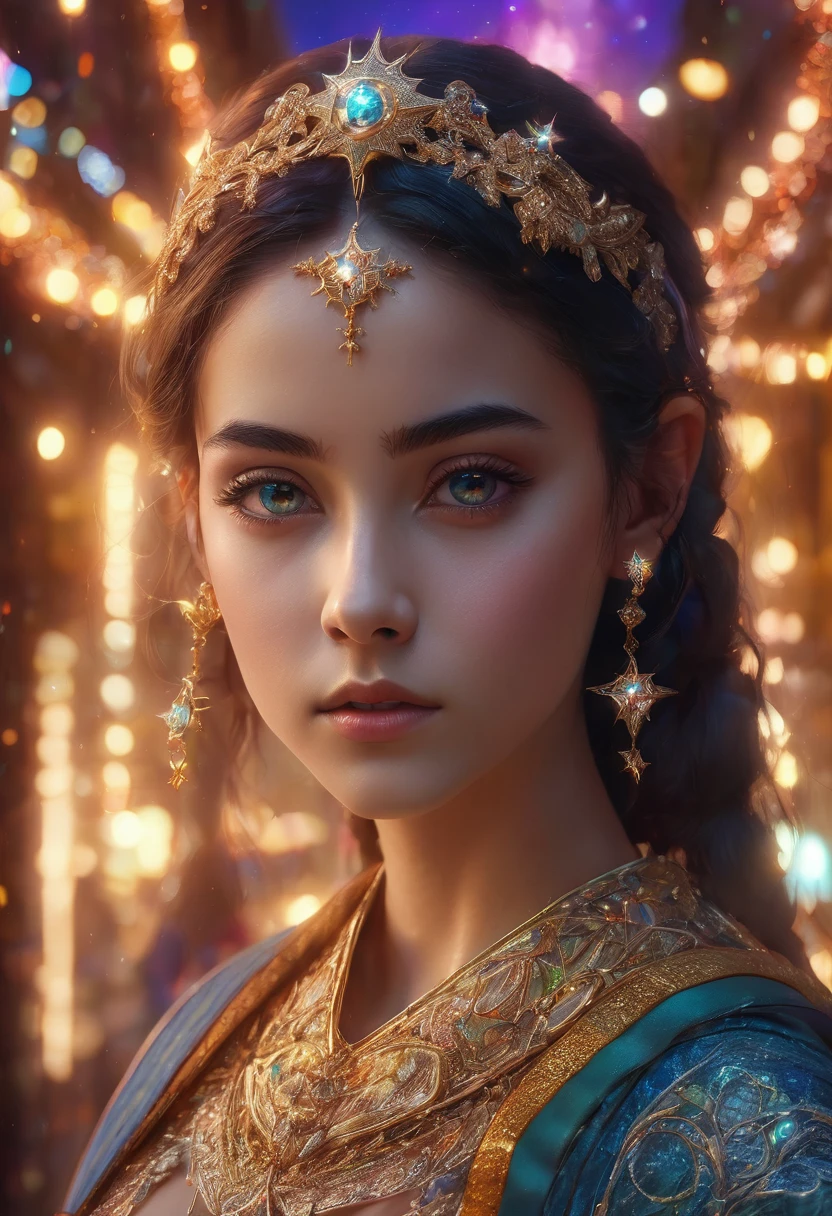 A beautiful detailed girl, 1girl, looking directly at the viewer, 8k, beautiful lighting, symbol-shaped pupils, sparkling eyes, star-shaped pupils, star (symbol), colorful, vibrant, highly detailed, photorealistic, masterpiece, cinematic, dramatic lighting, fantasy, surreal, whimsical