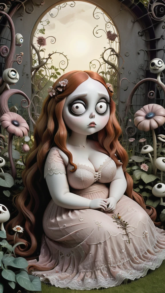 Young beautiful Chubby woman sitting in Tim Burton-inspired garden. Garden is full of flowers and peculiar creatures with big eyes and Burtonesque charm. Girl is voluptuous, has giant breasts, auburn long wavy hair, wearing lace dress , The garden is a blend of anime aesthetics and Burtonesque surrealism, (hand drawn with pencil:1.2), (tim burton style:1.27), curvy body, hourglass figure, ultra detailed, intricate, dynamic poses, morning light, fantasy art, big eyes, mysterious