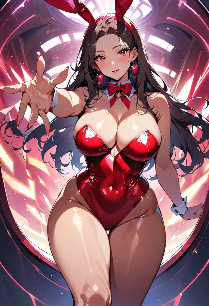 Young beautiful woman,(Highest quality,Extremely detailed depiction,Incredibly absurd high resolution,Anatomically accurate depiction,Curvy Legs),(Glowing Skin、Shiny skin、Oilskin),(A succubus disguised as a bunny girl),(High gloss latex bunny dress,High heels,black tights,Tanned brown skin,Perfect body),(A seductive smile,blush,eyelash,Sidelong glance,Glossy red lipstick,There is cleavage in the chest,Large Breasts,Reaching for this),background:Inside the casino