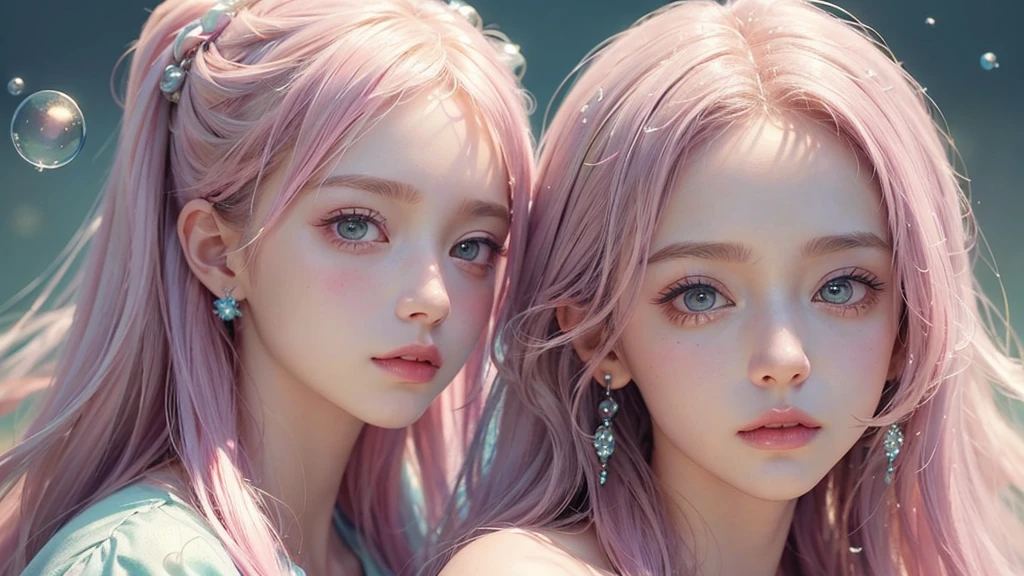 ((masterpiece)). This work is dreamy and fantastical., Soft pink watercolor shades. Generates delicate magical women exploring the bubble gum world in a variety of pastel colors. Her sweet face is extremely detailed and realistic with elegant, Mature features, Puffy, Big lips and stunning, Extremely realistic eyes. Her eyes are important、Be realistic, Very detailed, And it&#39;s beautiful. High resolution and detail, Include many details like stars, Milky Way, Colorful bubbles, Colorful petals, And a lot of energy and emotion! Stars and colorful bubblegum bubbles are important! Include fantasy details, Enhanced Details, iris, Colorful sparkling wind, And pollen. Pay special attention to her face、Make sure it&#39;s beautiful and realistic in detail。. The image is dreamy、It has to be fantastical..8k, Complex, elegant, Very detailed, Majestic, Digital photography