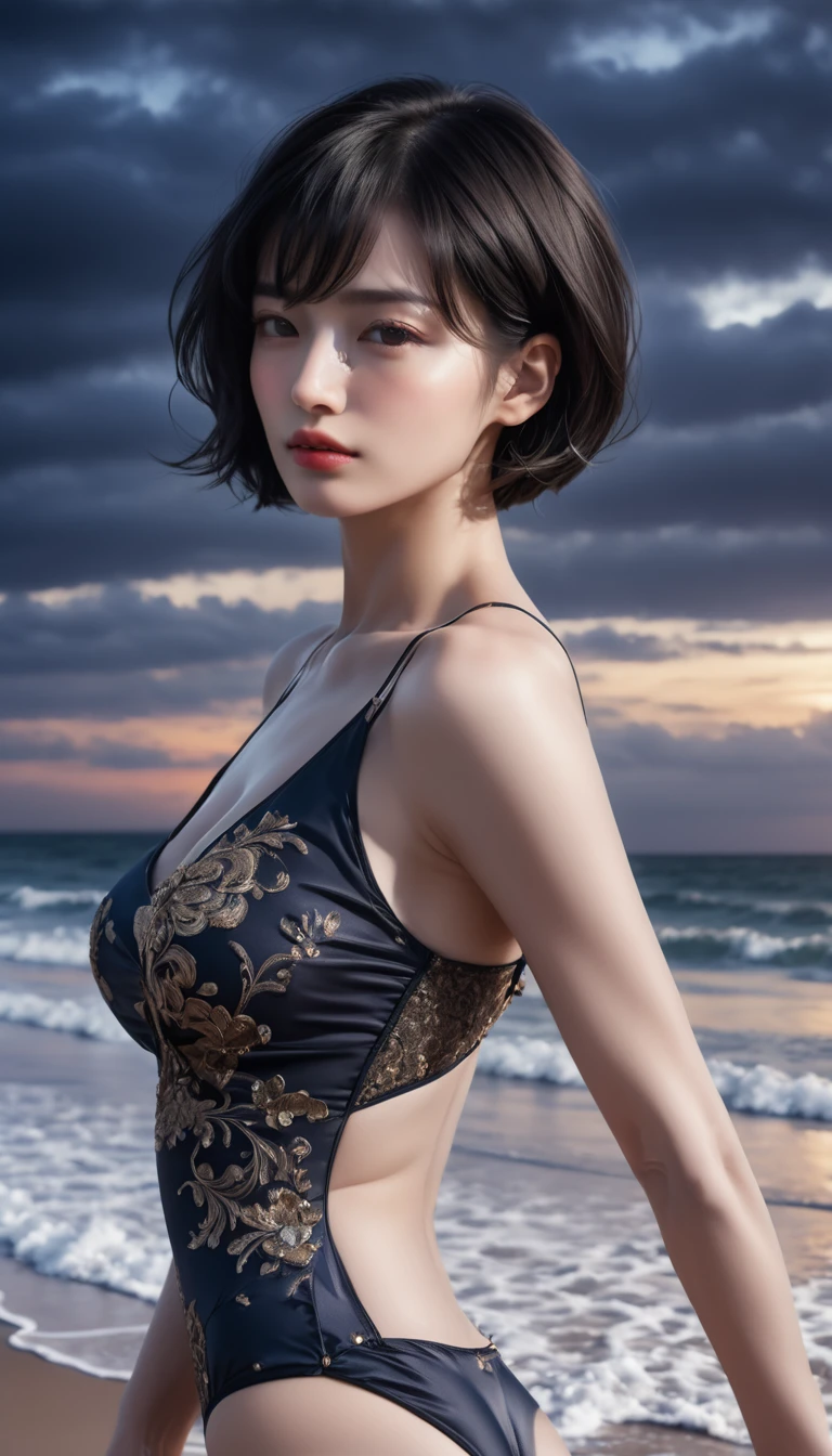 ((Masterpieces with up to 16K resolution:1.6)),Highest quality,it is really amazing,Very detailed,Ultra-high resolution,((Real:1.5)),((Realistic:1.5)),Increased depth of field,((Cinematic Light Effects:1.5)),
Elegant mature woman,
Black bob cut short hair,((Ultra-detailed and beautiful faces:1.5)),Translucent white skin,Very detailedな肌の質感,Great proportions,Anatomically correct body,
Elegant high leg swimsuit,Artistic design,Beautiful and detailed pattern,Luxurious jewellery decoration,Detailed fabric texture,
Coastal landscape at dusk,Dark clouds and dark sky,delay々Continuing sandy beach, Deserted Beach,Dark sea surface,
((Focus on a woman's face:1.5)),(((Cinematic Angle:1.8))),