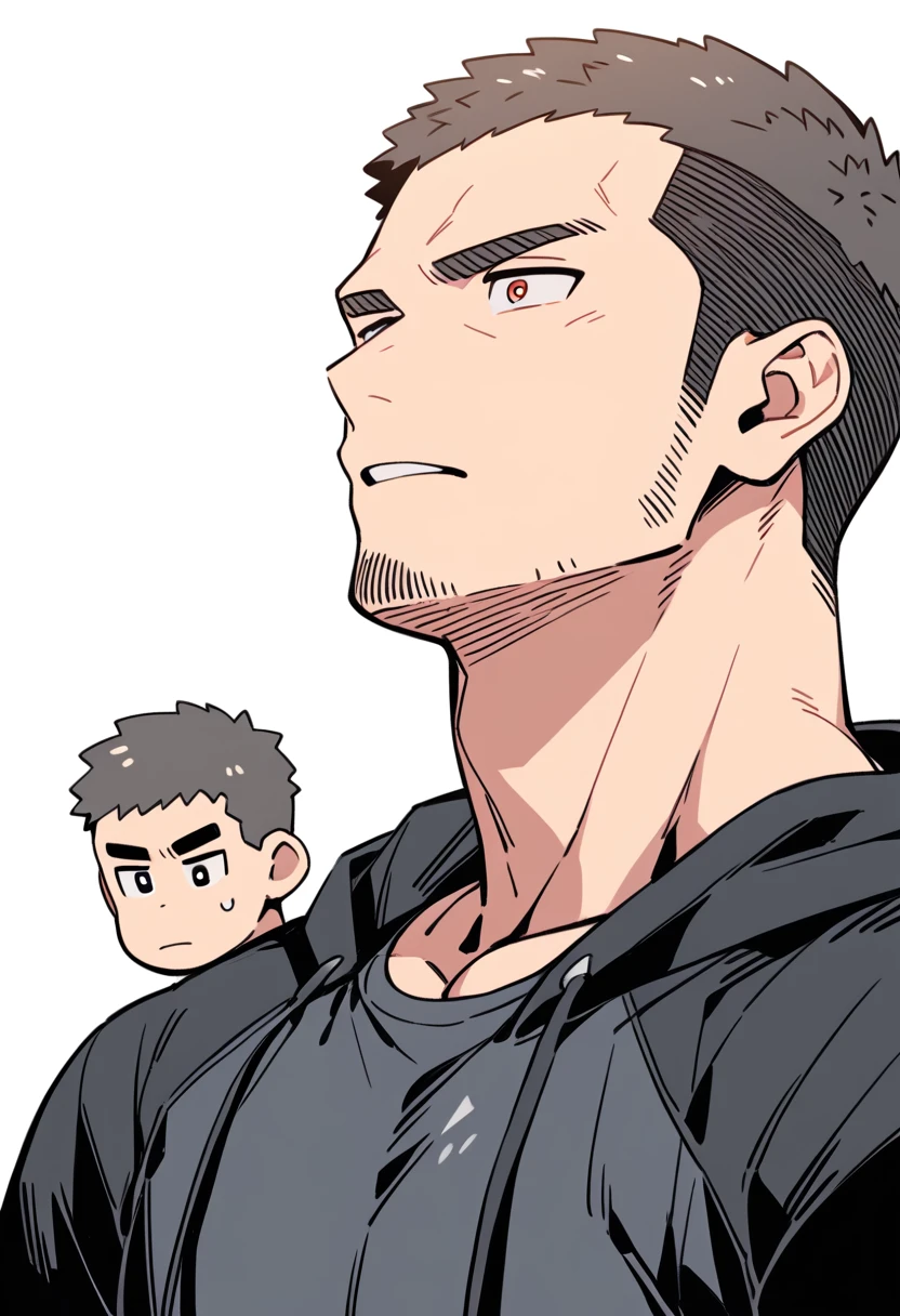 anime characters:Priapus, Muscle Sports Student, Buzz Cut, Manliness, male focus, Sports tight hooded sweatshirt, Very tight, full and perky chest muscles, muscular male, muscular, only, Upper body, alone, Black short hair, Thick eyebrows, stubble, Brown-red pupils, White background, simple background, amazing quality, best aesthetics, Ridiculous, crew cut, parted lips, flustered, endured face, negative space, best quality