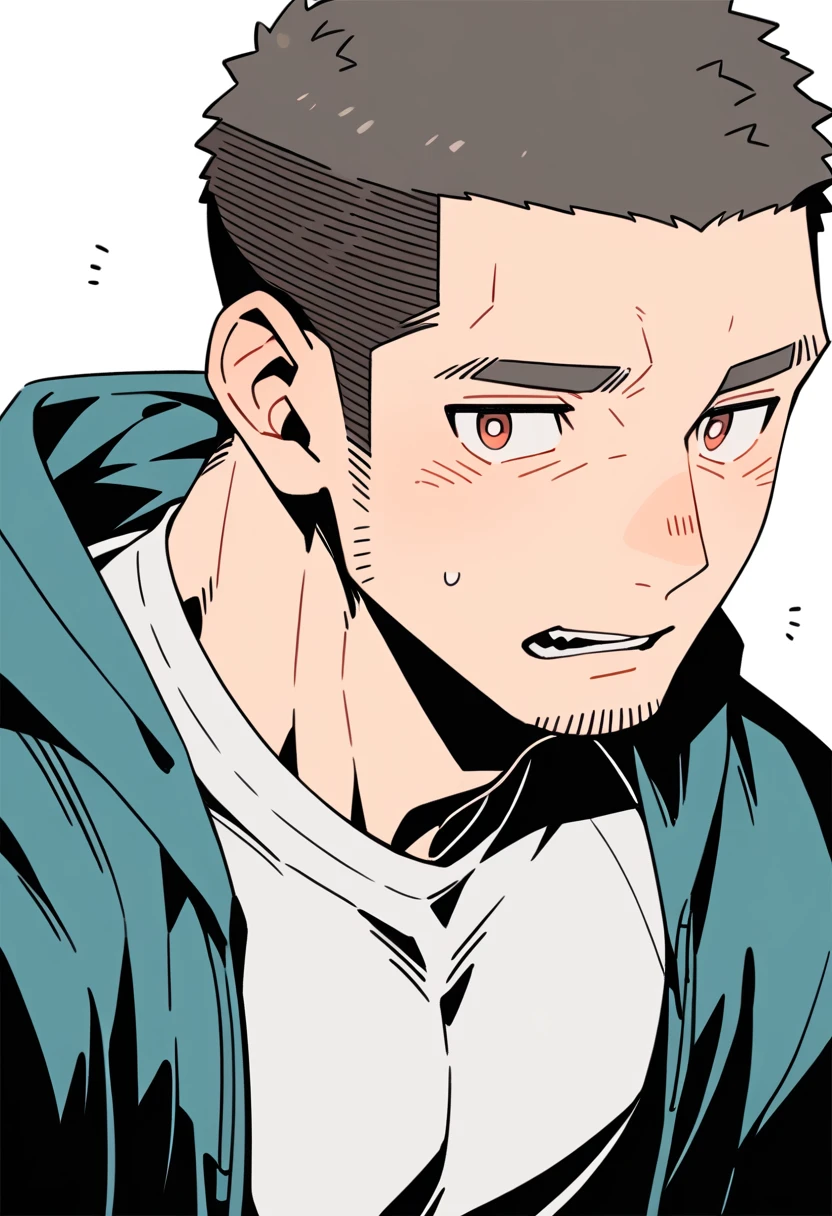 anime characters：Priapus, Muscle Sports Student, Buzz Cut, Manliness, male focus, Sports tight hooded sweatshirt, Very tight, full and perky chest muscles, muscular male, muscular, only, Upper body, alone, Black short hair, Thick eyebrows, stubble, Brown-red pupils, White background, simple background, amazing quality, best aesthetics, Ridiculous, crew cut, parted lips, flustered, endured face, negative space, best quality
