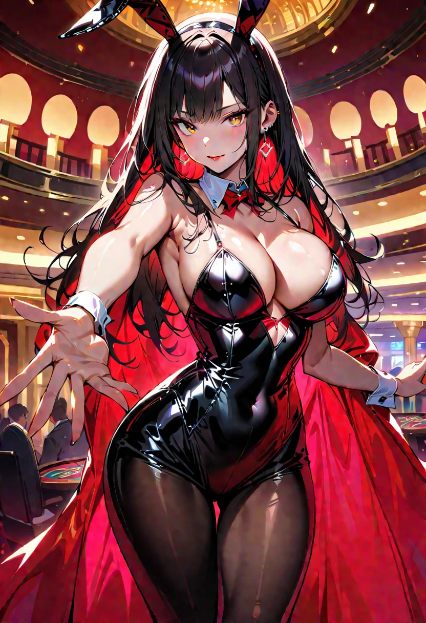 Young beautiful woman,(Highest quality,Extremely detailed depiction,Incredibly absurd high resolution,Anatomically accurate depiction,Curvy Legs),(Glowing Skin、Shiny skin、Oilskin),(A succubus disguised as a bunny girl),(High gloss latex bunny dress,High heels,black tights,Tanned brown skin,Perfect body),(A seductive smile,blush,eyelash,Sidelong glance,Glossy red lipstick,There is cleavage in the chest,Large Breasts,Reaching for this),background:Inside the casino