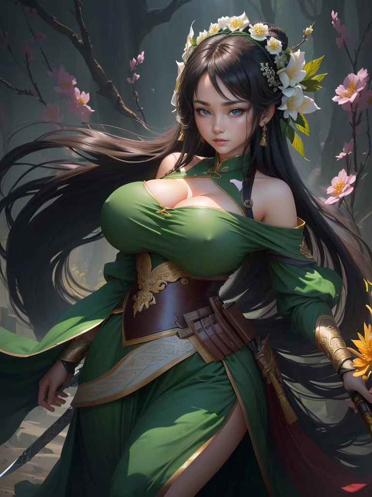 a woman in a green dress holding a sword and a flower, inspired by Li Mei-shu, inspired by Shen Zhou, inspired by Wu Li, inspired by Wu Zuoren, yun ling, inspired by Ju Lian, inspired by Li Tang, full body xianxia, inspired by Qiu Ying, inspired by Lan Ying, xianxia hero, Highly detailed CG unit 8k wallpaper, masterpiece, High resolution, highest quality, highest quality real texture skin, Super Real, Digital Painting, Best image quality, 最High resolution, 8k, ((Highly detailed eyes and face, Beautiful eyes every detail)), 1girl, Full Body Shot, (Cleavage, Saggy breasts, Gravity-dependent breasts, long chest, Heavy chest, disproportionate breasts, huge breasts, sagging breasts, gigantic breasts, erect nipple), Off the shoulder,