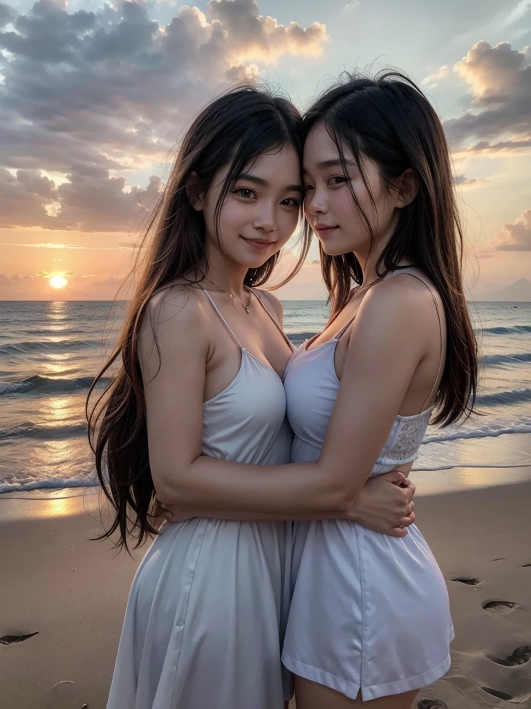 A couple of girlfriends young sapphic Thai adult women hugging on a beach as the sunset lights up their faces. From afar we see them smiling as they face the horizon. {Thai novel style} 