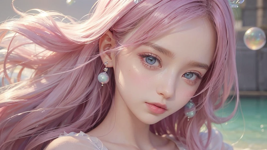 ((masterpiece)). This work is dreamy and fantastical., Soft pink watercolor shades. Generates delicate magical women exploring the bubble gum world in a variety of pastel colors. Her sweet face is extremely detailed and realistic with elegant, Mature features, Puffy, Big lips and stunning, Extremely realistic eyes. Her eyes are important、Be realistic, Very detailed, And it's beautiful. High resolution and detail, Include many details like stars, Milky Way, Colorful bubbles, Colorful petals, And a lot of energy and emotion! Stars and colorful bubblegum bubbles are important! Include fantasy details, Enhanced Details, iris, Colorful sparkling wind, And pollen. Pay special attention to her face、Make sure it's beautiful and realistic in detail。. The image is dreamy、It has to be fantastical..8k, Complex, elegant, Very detailed, Majestic, Digital photography