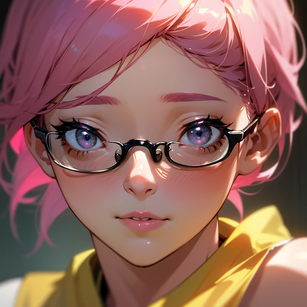 a plump asian girl with pink hair,glasses,yellow shirt and shorts,eating a parfait,detailed facial features,beautiful detailed eyes,beautiful detailed lips,extremely detailed skin texture,cute expression,(best quality,4k,8k,highres,masterpiece:1.2),ultra-detailed,(realistic,photorealistic,photo-realistic:1.37),studio lighting,vibrant colors,warm lighting,soft focus,portrait