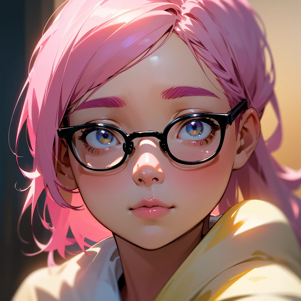 a plump asian girl with pink hair,glasses,yellow shirt and shorts,eating a parfait,detailed facial features,beautiful detailed eyes,beautiful detailed lips,extremely detailed skin texture,cute expression,(best quality,4k,8k,highres,masterpiece:1.2),ultra-detailed,(realistic,photorealistic,photo-realistic:1.37),studio lighting,vibrant colors,warm lighting,soft focus,portrait