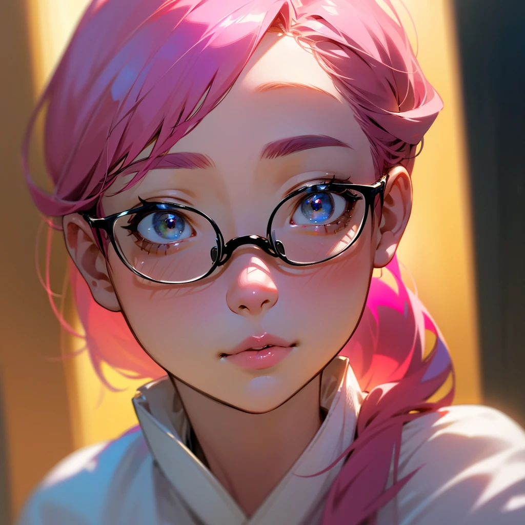 a plump asian girl with pink hair,glasses,yellow shirt and shorts,eating a parfait,detailed facial features,beautiful detailed eyes,beautiful detailed lips,extremely detailed skin texture,cute expression,(best quality,4k,8k,highres,masterpiece:1.2),ultra-detailed,(realistic,photorealistic,photo-realistic:1.37),studio lighting,vibrant colors,warm lighting,soft focus,portrait