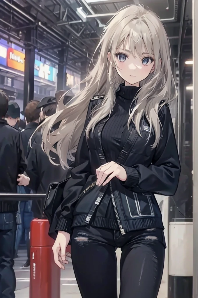 1 Girl:1.3), Solitary, __body parts__ Delicate and realistic skin, Pale skin, Large target, Official Art, Unity 16K Wallpaper, Ultra Detailed, beauty, masterpiece, best quality, Awesome atmosphere, Calming color palette, A calm mood, Soft shadows, Airline stewardess, charm，Large Breasts，Black tights，Police Uniform，（(Black jeans)),sweater