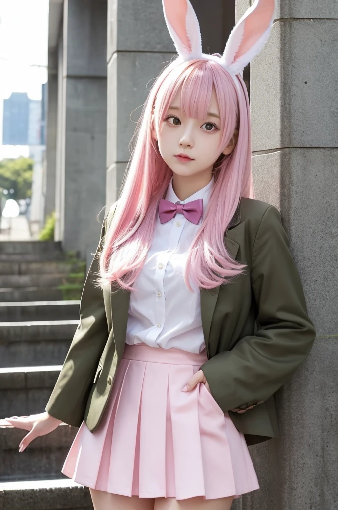 Bunny ears girl　With long hair、Her hair color is pale pink.　Wearing a blazer　The skirt is short、Pink