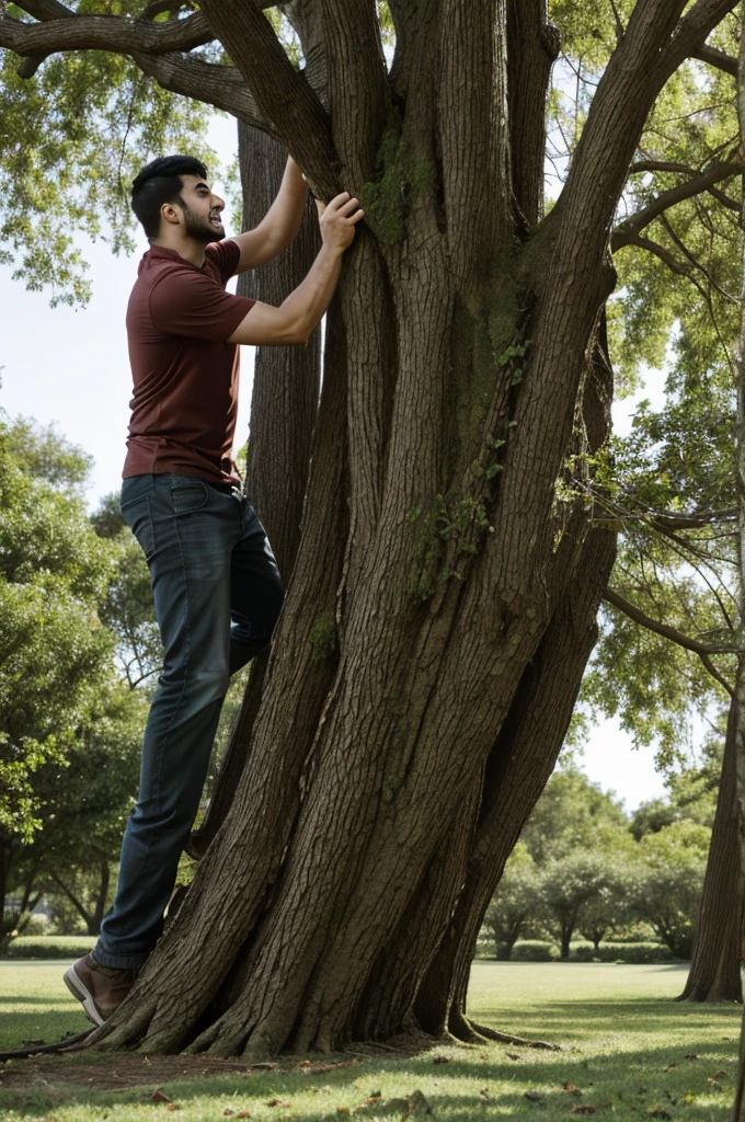 A person with malicious expression trying to damage the tree.