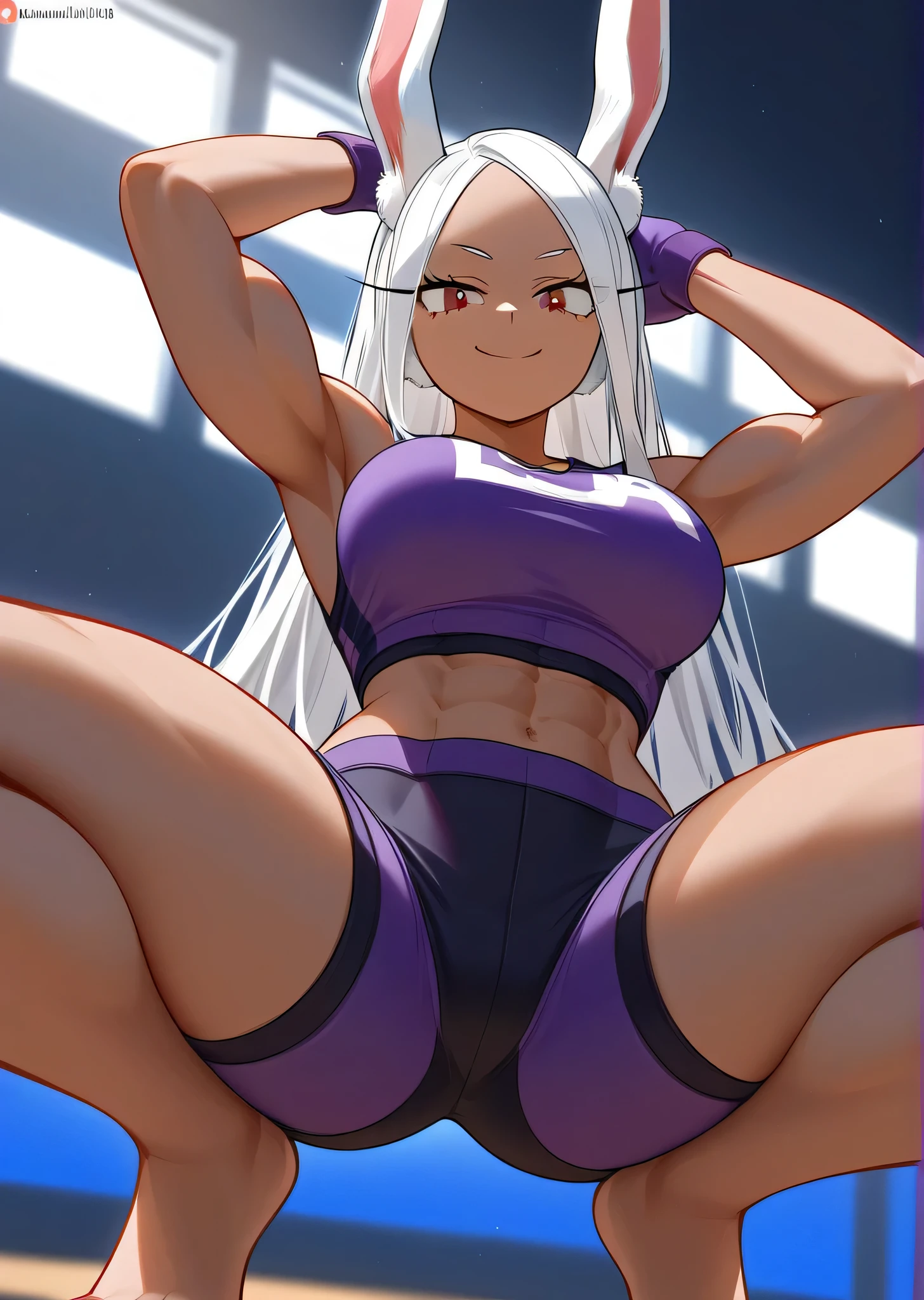 [Miruko], [Boku no hero academia], ((masterpiece)), ((HD)), ((high res)), ((solo portrait)), ((low angle view)), ((detailed shading)), ((intricate details)), [(athletic figure), (brown skin), (beautiful maroon eyes), long white hair, long eyelashes, (long rabbit ears), (defined muscles), (toned figure), (beautiful legs), (cute soft feet), (smug grin)}, {(black sports bar), (purple yoga shorts), (barefoot)}, {(squatting), (looking in the distances)}, [ambient lighting, gym, light rays]