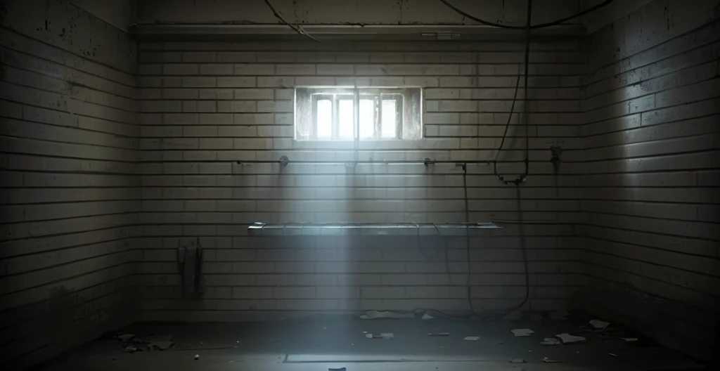 prisonの独房の窓から光が差し込んでいる, prison background, prison cell, in a small prison cell, in a prison cell, natural prison light, sitting in a dark prison cell, prison scene, in prison, prison, sitting in a prison, prison bars, prisonで, Dramatic lighting. Concept Art, photorealistic dark Concept Art, Cell Bar
