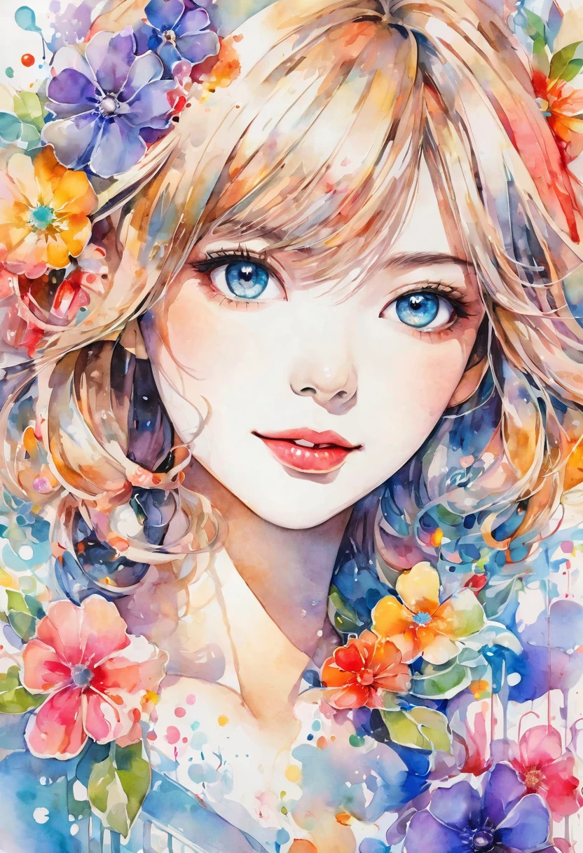 beautiful woman portrait, cute smile, Sylvia Pelissero watercolors, colorful flowers, beautiful eyes, upper body, abstract art, intense watercolor, watercolor detailed art, watercolor splash, surreal, avant-garde pop art, Beautiful and expressive paintings, Beautiful artwork illustration, very colorful tones, wonderful, cool beauty, highest quality, official art, women only, sharp outline, best shot, vector art, lips in love、 (((The strongest beautiful women of all time))), (((Japanese)))、clear, (((highest quality))), lips in love, HDR, ((Detailed details)), stylish fashion, detailed clothing texture, (((graffiti art))), colorful hair, ((masterpiece))、((Super detailed))