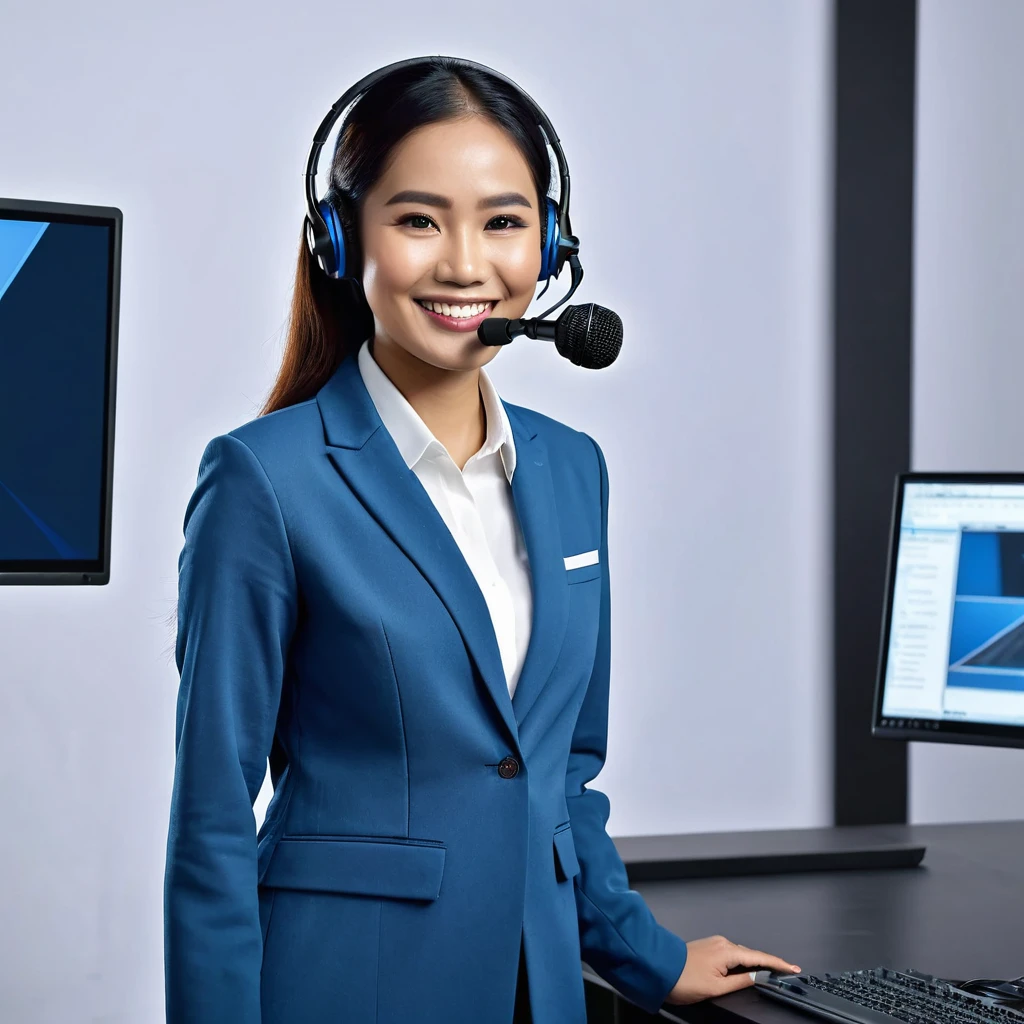 Photography image of an Indonesian female customer service person wearing a black wireless mic, wearing a blue long jacket. Radiant face, smile, charismatic. Background view in a spacious studio, several monitor screens. Realistic, ultra hd 24k, stand full body view.