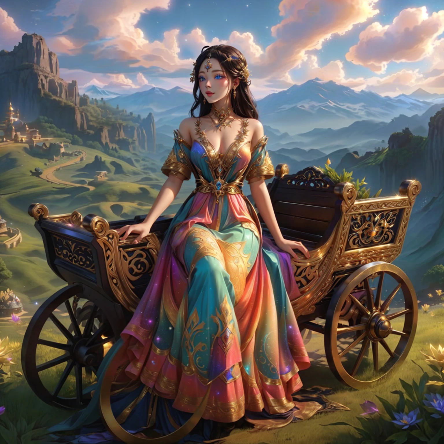 woman , Beautiful makeup ,blue eyes , white skin , pink mouth ,Dressed in gold, standing in front of a crescent moon., goddess of heaven, goddess of the moon, anime goddess, beautiful heavenly mage, lunar goddess, Moon Goddess, Golden Lotus Princess, Goddess of the Galaxy, Beautiful Fantasy Empress, ((Beautiful Fantasy Empress)), Goddess and Moon, As the sun goddess,, Goddess of space and time , Branded stockings for sale in black and gold , Fine gold jewelry