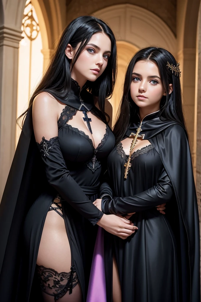 Two  high school girls, open mouth vampires with fangs, long straight black hair,totally naked without clothes with red cape each,erect nipples,big breasts, thin waist, long and shapely legs,in a dark castle room,Red curtains,swords on wall,Spider webs,bed,torches lit on wall illuminating room ,ultra detailed, 8k quality