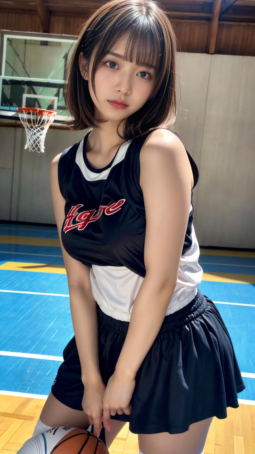 masterpiece, best quality, illustration, Super detailed, fine details, High resolution, 8K,wall paper, perfect dynamic composition,(Details High quality, realistic depiction of eyes:1.3), (highest quality), (High resolution), (very delicate and beautiful),(Beautiful 8K face), (NBA),(basketball sportswear),(play basketball),(reality), large breasts, ((gymnasium)), very short hair, black hair color, Big Natural Color Lip, bold sexy pose, crying a little、cold gaze, Harajuku style、20 year old girl、cute type、lolita, hposing Gravure Idol, full body photo、focus on crotch、thighs exposed