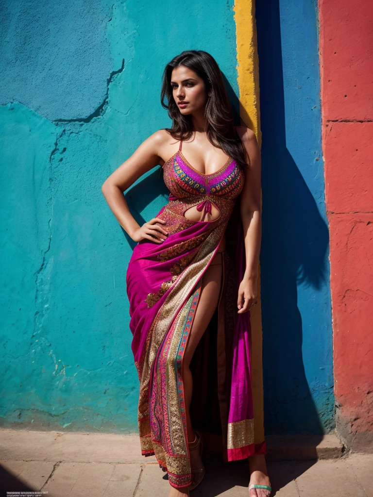 Sexy tall dark hair brunette, slightly wavy hair, 175cm tall, perfect body, in a colorful indian full dress that accentuates her figure, standing against a contrasting wall art, with a seductive gaze, raw photo, realistic UHD, 8k, realistic skin shadows, realistic skin texture, playboy photoshoot