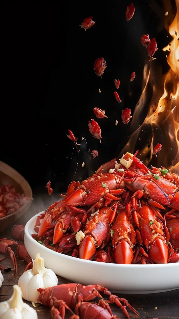 There is a plate of crayfish and garlic on the table, High-quality food photography, Food 4k, tasty, hot food, ❤🔥🍄🌪, Sichuan, ready to eat, Amazing food photography, Shot with Sony Alpha 1 camera, Professional Food Photography, intense fantasy, Best selection on Adobe Stock, Hot hot hot, HD Food Photography, delicious