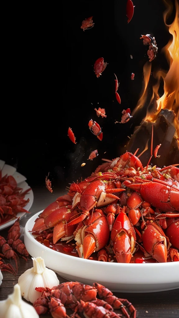 There is a plate of crayfish and garlic on the table, High-quality food photography, Food 4k, tasty, hot food, ❤🔥🍄🌪, Sichuan, ready to eat, Amazing food photography, Shot with Sony Alpha 1 camera, Professional Food Photography, intense fantasy, Best selection on Adobe Stock, Hot hot hot, HD Food Photography, delicious