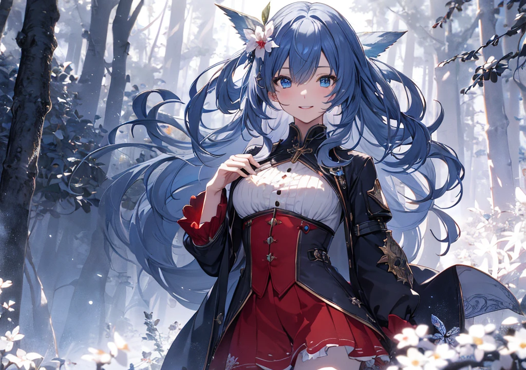 Realistic photos, Focus distance 10mm, Red and white, A big smile, Beautiful girl, Realistic photos, Focus distance 10mmで撮影, masterpiece, 最high quality, high quality, Very detailed CG 8k wallpaper unit, Award-winning photography, Depth of written boundary, High resolution, bloom, chromatic aberration, Realistic, Very detailed, Art Station Trends, CGsociety Trends, Complex, High detail, dramatic, Art on the go, volumetric lighting, Final Fantasy style beautiful girl、Blue Eyes、Long wavy blue hair、fairy costumeysterious forest and light particles in the background