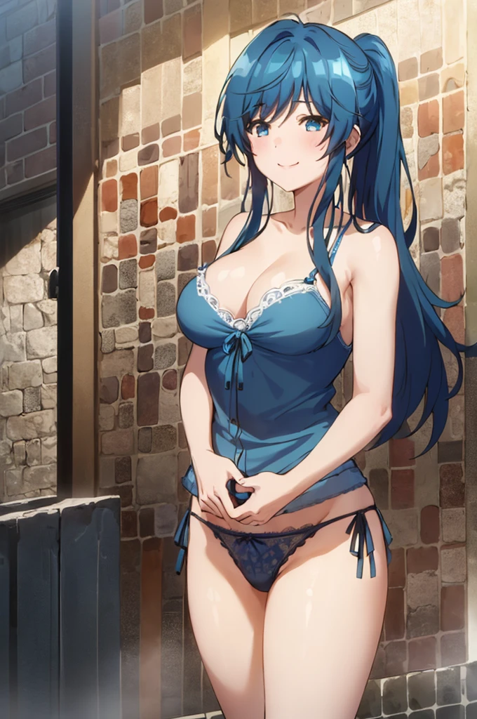 Highest quality, (masterpiece:1.2), detailed, One girl、alone、smile、Mouth closed、 Blue Hair、blue eyes、Long Hair、ponytail、Big breasts Blue underwear、Bra with lace、Ruffled panties、 Break Sea Viewer、 In underwear、Originally、blush、Sexy pose