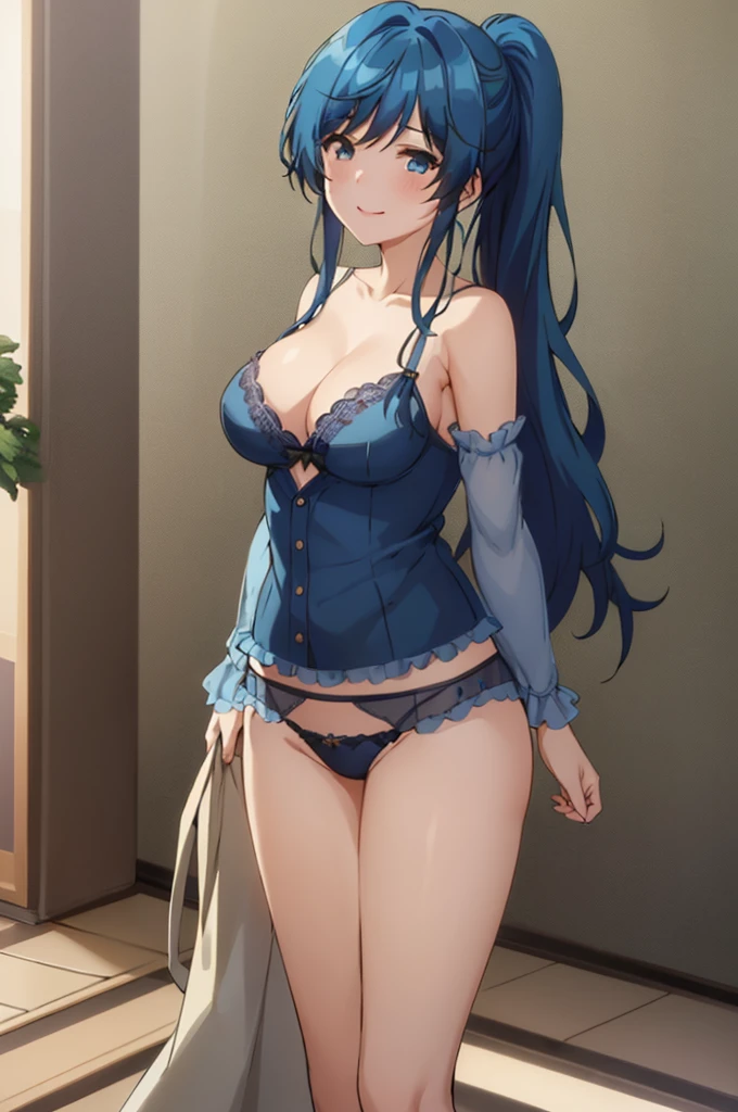 Highest quality, (masterpiece:1.2), detailed, One girl、alone、smile、Mouth closed、 Blue Hair、blue eyes、Long Hair、ponytail、Big breasts Blue underwear、Bra with lace、Ruffled panties、 Break Sea Viewer、 In underwear、Originally、blush、Sexy pose