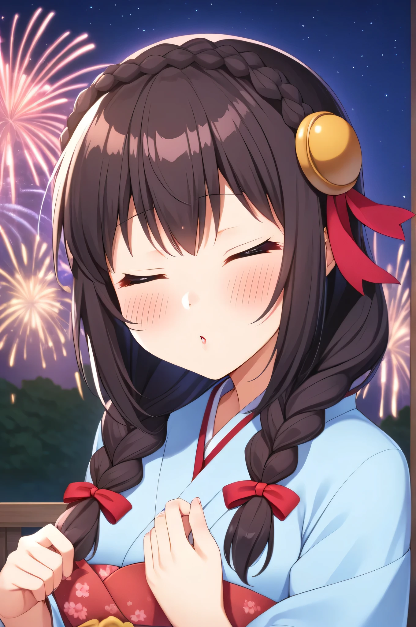 alone, One girl、Crown braids in the same color as your hair, hair ornaments, Hair Ribbon,(A light blue kimono with a red floral pattern and a red obi.)、Black Hair、(blush:1.7)、(With eyes closed, kissing the viewer:1.8)、Larger breasts、The background is fireworks at night