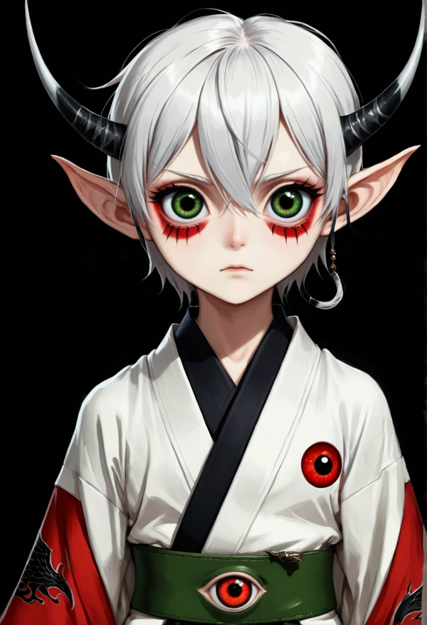 Japanese Anime,Second Dimension,Horror style,Three-eyed family,horror character,(((Three-eyed boy,Vertical Eye,Realistic eyes,Dark eyeshadow.Middle-parted white hair-super short hair,Elf ears,Dragon Horn))),(((Gorgeous Japanese red kimono,Eye pattern,Dark Pattern))).(((Thin waist,Green belt:1.6))).(((Samurai sword))),Black background blur