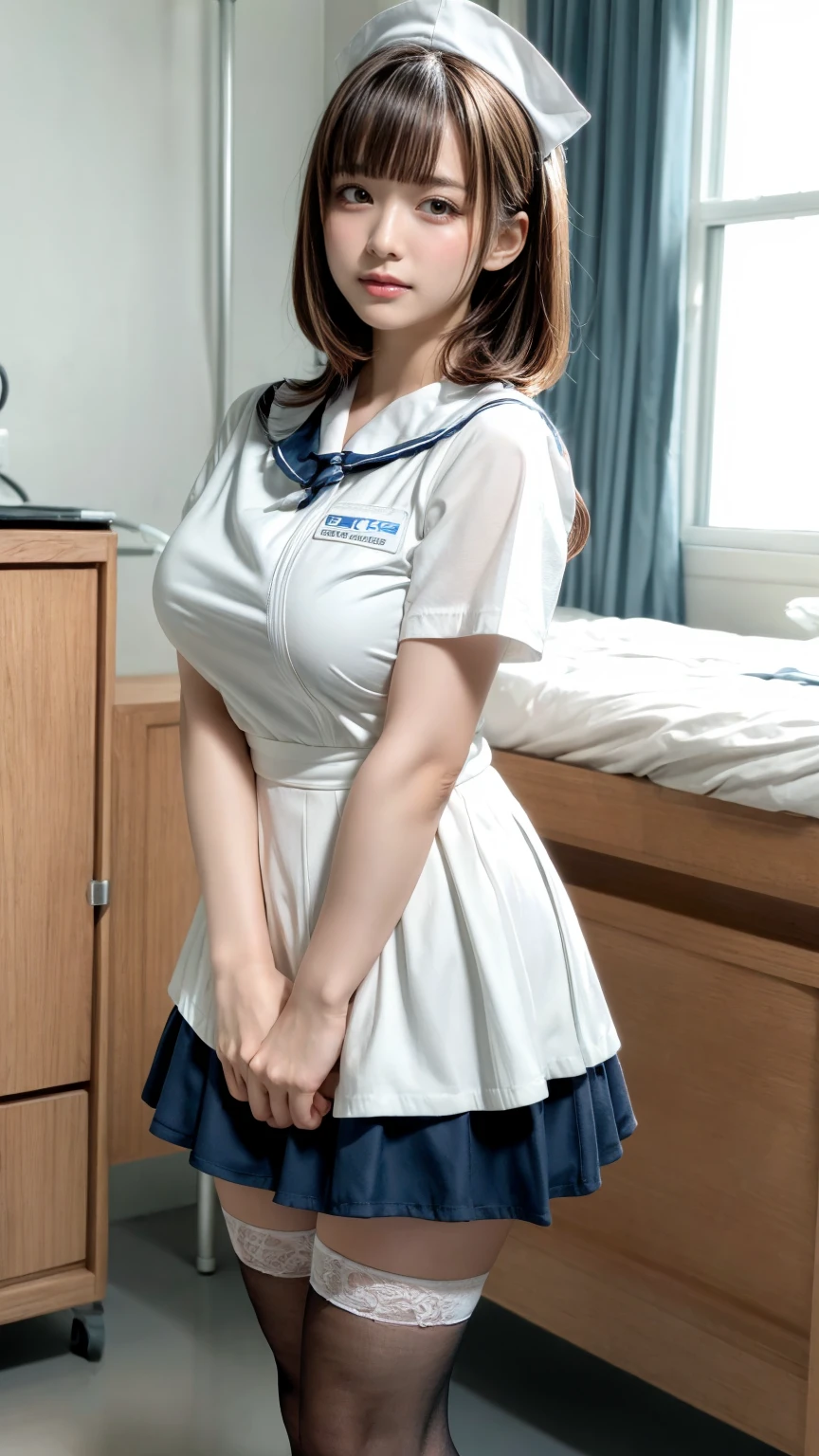 masterpiece, best quality, illustration, Super detailed, fine details, High resolution, 8K,wall paper, perfect dynamic composition,(Details High quality, realistic depiction of eyes:1.3), Hospital Rooms、White nurse cap、White tights、White nurse uniform、standing、Hand skirt、Flipping up a white skirt, large breasts,short bob hair, black hair color, Big Natural Color Lip, bold sexy pose, crying a little、20 year old girl、cute type、beautiful legs, hposing Gravure Idol