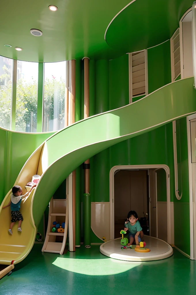 Family Play Area,Green tone,Curved wall,indoor,Lots of toys,slide,The wall is curved,A rich and wonderful paradise,Creativity