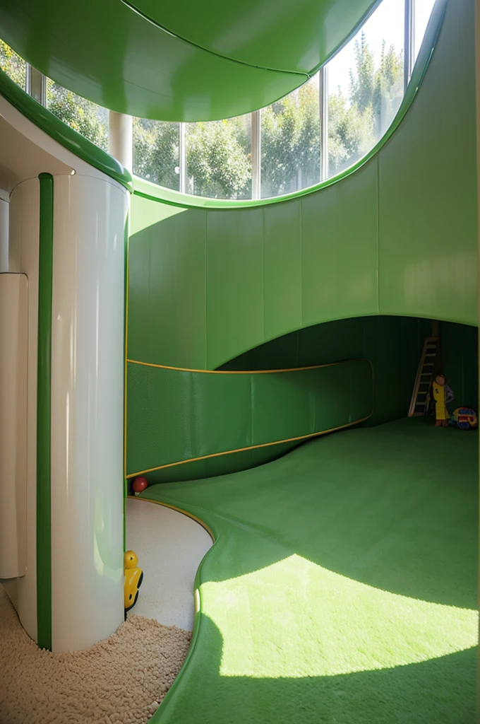 Family Play Area,Green tone,Curved wall,indoor,Lots of toys,slide,The wall is curved,A rich and wonderful paradise,Creativity