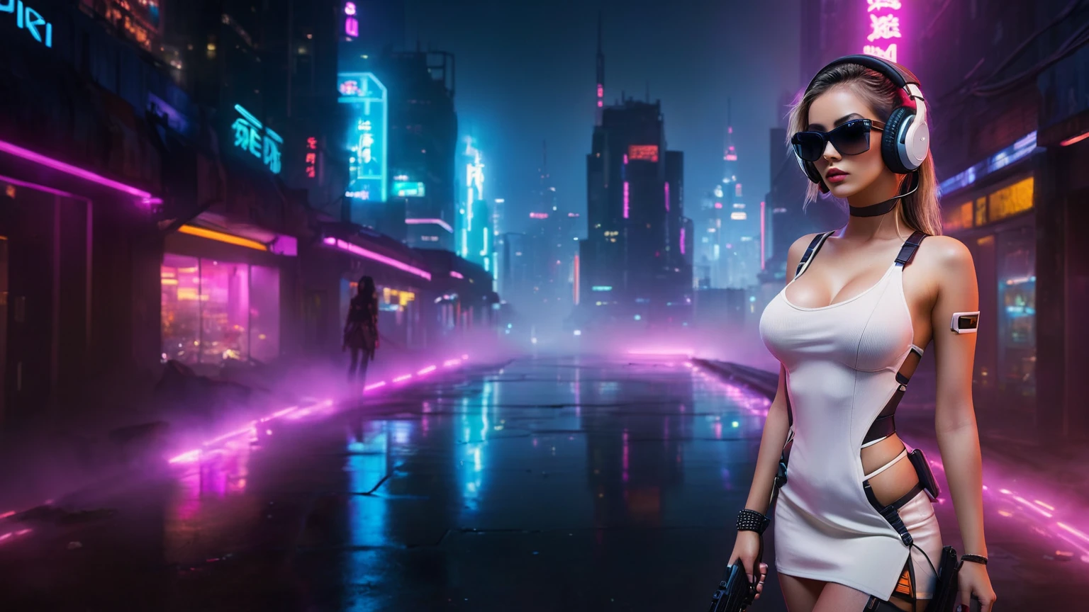 dark futuristic landscape, at night, neon lights, Atmospheric fog, large buildings in the background, futuristic city, streets with open shops, skyscraper (postapocalyptic city:1.3). (((1girl, solo, alone))), large-breast:1.2 slim body, cleavage:1.1, sexy miniskirt, (((headphone, black sunglasses, standing and holding pistol pose))), (((half-body thigh level medium shot))), cinematic lighting, lens flare, ray tracing.