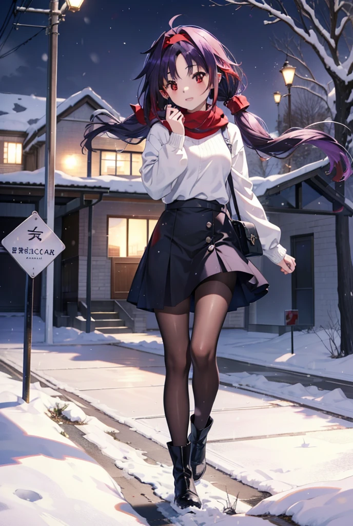 yuukikonno, Konno Yuuki, Long Hair, Pointed Ears, Purple Hair, (Red eyes:1.5), (Small breasts:1.2), Open your mouth,happy smile, smile, Open your mouth,hair band,low twin tail,Red Scarf,Oversized purple sweater,Black pantyhose,Long skirt,short boots,Holding a paper cup of coffee in both hands,Walking,snowが降っている,snowが降り積もっている,snow,snow,snow,snow,snowが積もった木,winter,Cold Sky,night,whole bodyがイラストに入るように,
break looking at viewer, whole body,
break outdoors, Building district,
break (masterpiece:1.2), Highest quality, High resolution, unity 8k wallpaper, (figure:0.8), (Beautiful attention to detail:1.6), Highly detailed face, Perfect lighting, Highly detailed CG, (Perfect hands, Perfect Anatomy),