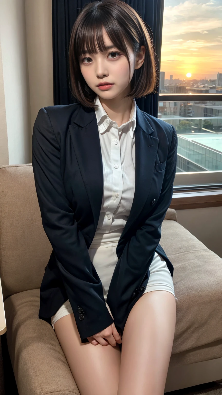 masterpiece, best quality, illustration, Super detailed, fine details, High resolution, 8K,wall paper, perfect dynamic composition,(Details High quality, realistic depiction of eyes:1.3), short hair, Office Lady, ,Suit,Collared shirt, Black Suit,Black jacket, updo, huge breasts,  black hair color, Big Natural Color Lip, bold sexy pose, crying a little、cold gaze, Harajuku style、20 year old girl、cute type、lolita、beautiful legs, hotel room, full body photo、focus on crotch, hposing Gravure Idol, Sexy shot looking at camera, Sunset, by the window, Summer, make up, Curve