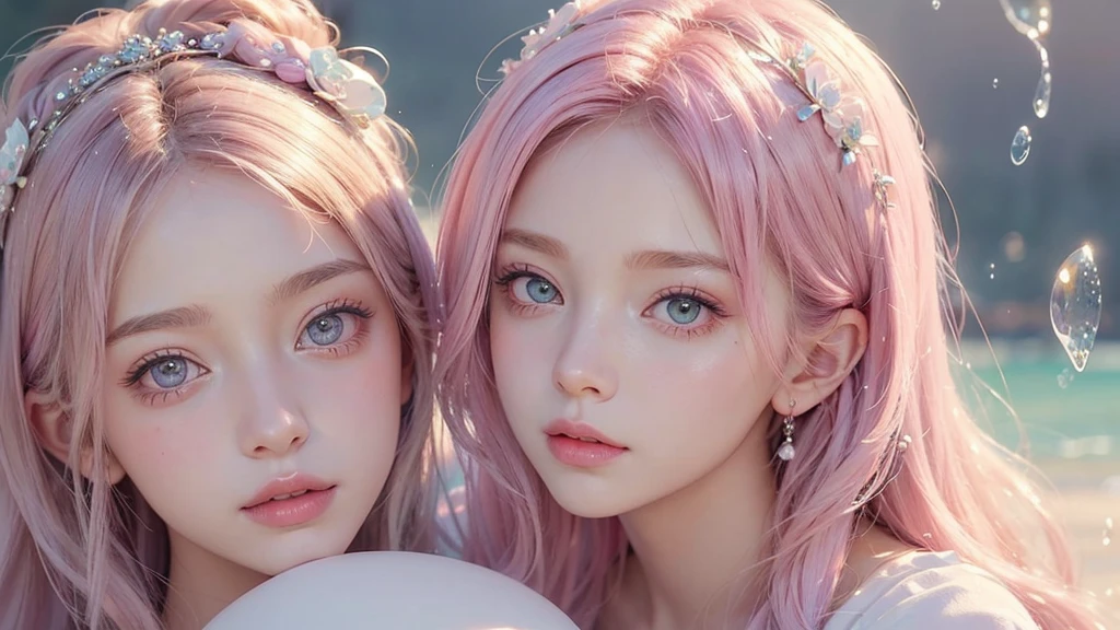 ((masterpiece)). This work is dreamy and fantastical., Soft pink watercolor shades. Generates delicate magical women exploring the bubble gum world in a variety of pastel colors. Her sweet face is extremely detailed and realistic with elegant, Mature features, Puffy, Big lips and stunning, Extremely realistic eyes. Her eyes are important、Be realistic, Very detailed, And it's beautiful. High resolution and detail, Include many details like stars, Milky Way, Colorful bubbles, Colorful petals, And a lot of energy and emotion! Stars and colorful bubblegum bubbles are important! Include fantasy details, Enhanced Details, iris, Colorful sparkling wind, And pollen. Pay special attention to her face、Make sure it's beautiful and realistic in detail。. The image is dreamy、It has to be fantastical..8k, Complex, elegant, Very detailed, Majestic, Digital photography