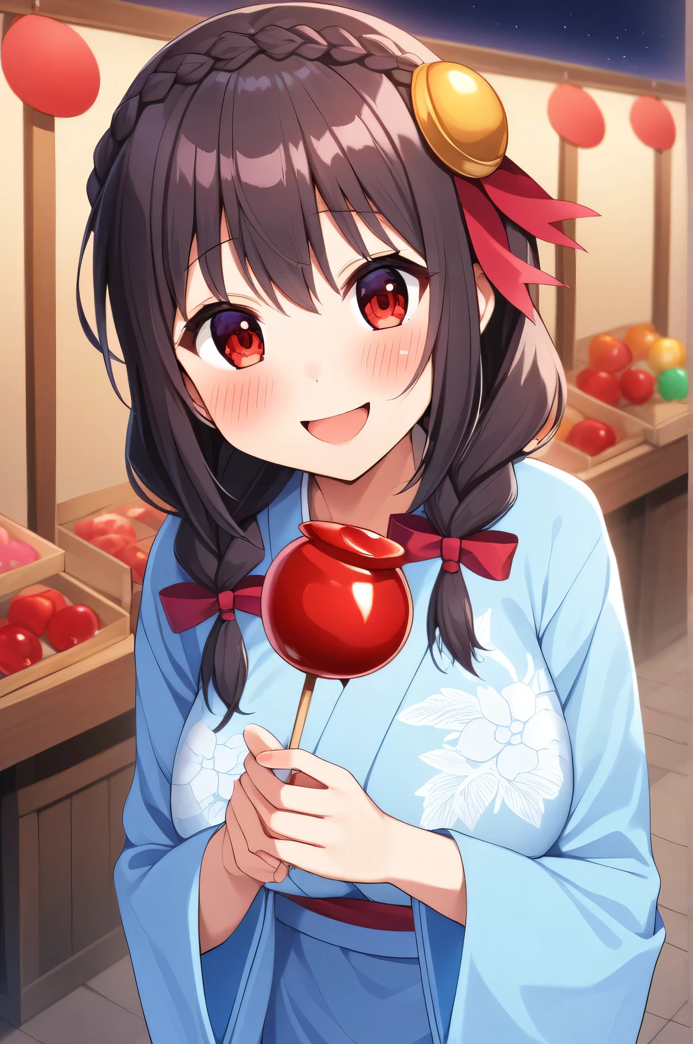 alone, One girl、Crown braids in the same color as your hair, hair ornaments, Hair Ribbon,(A light blue kimono with a red floral pattern and a red obi.)、Red Eyes、Black Hair、(blush:1.5)、(Happy face:1.4)、Larger breasts、(Licking a candy apple:1.2)、The background is a night stall