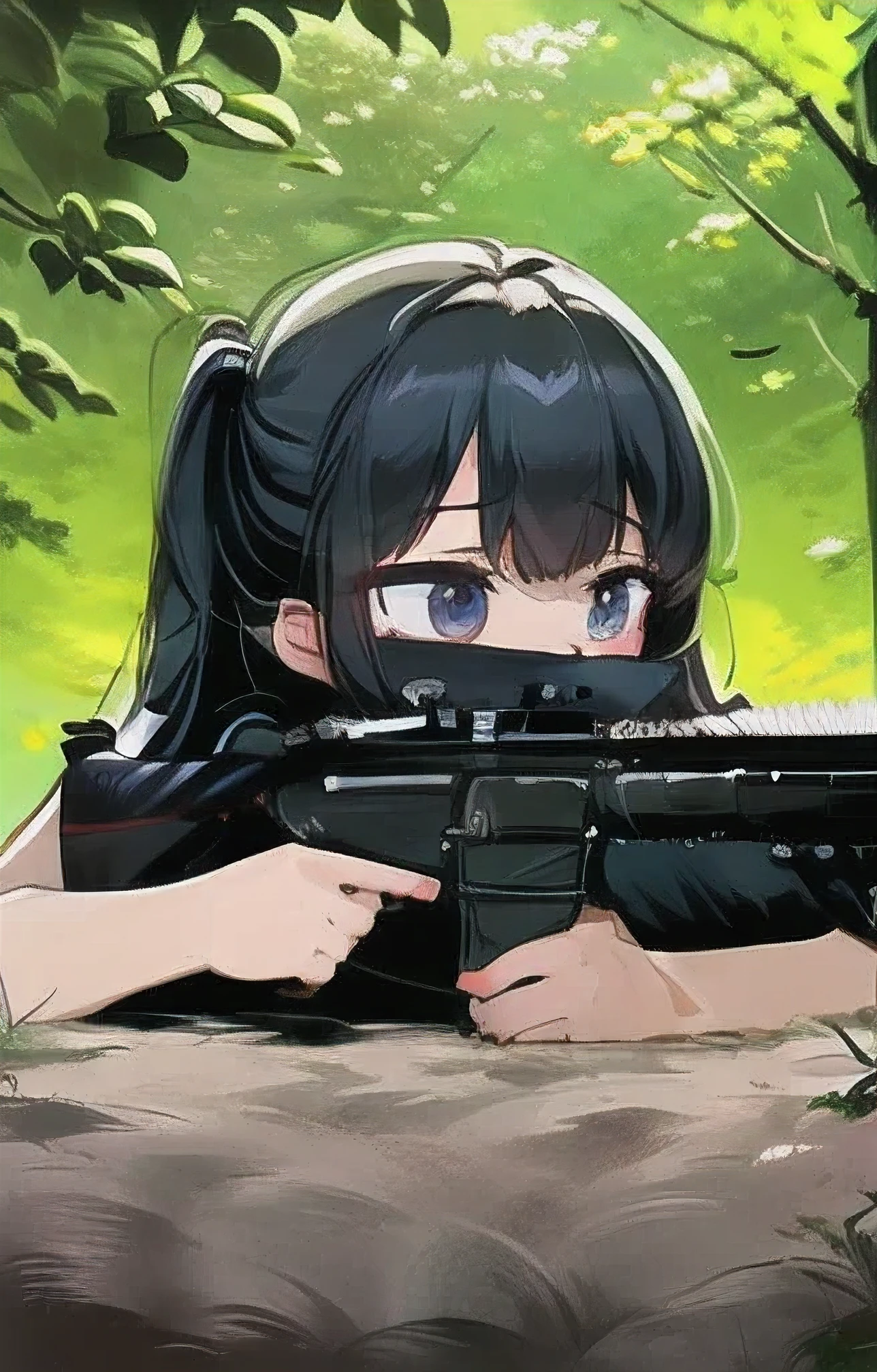 masterpiece, best quality, 1girl, m4a1, rifle, forest background, sniper, sensual fase,
