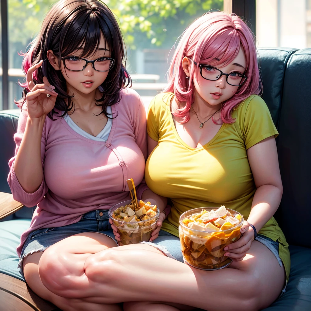 a plump asian girl with pink hair,glasses,yellow shirt and shorts,eating a parfait,detailed facial features,beautiful detailed eyes,beautiful detailed lips,extremely detailed skin texture,cute expression,(best quality,4k,8k,highres,masterpiece:1.2),ultra-detailed,(realistic,photorealistic,photo-realistic:1.37),studio lighting,vibrant colors,warm lighting,soft focus,portrait